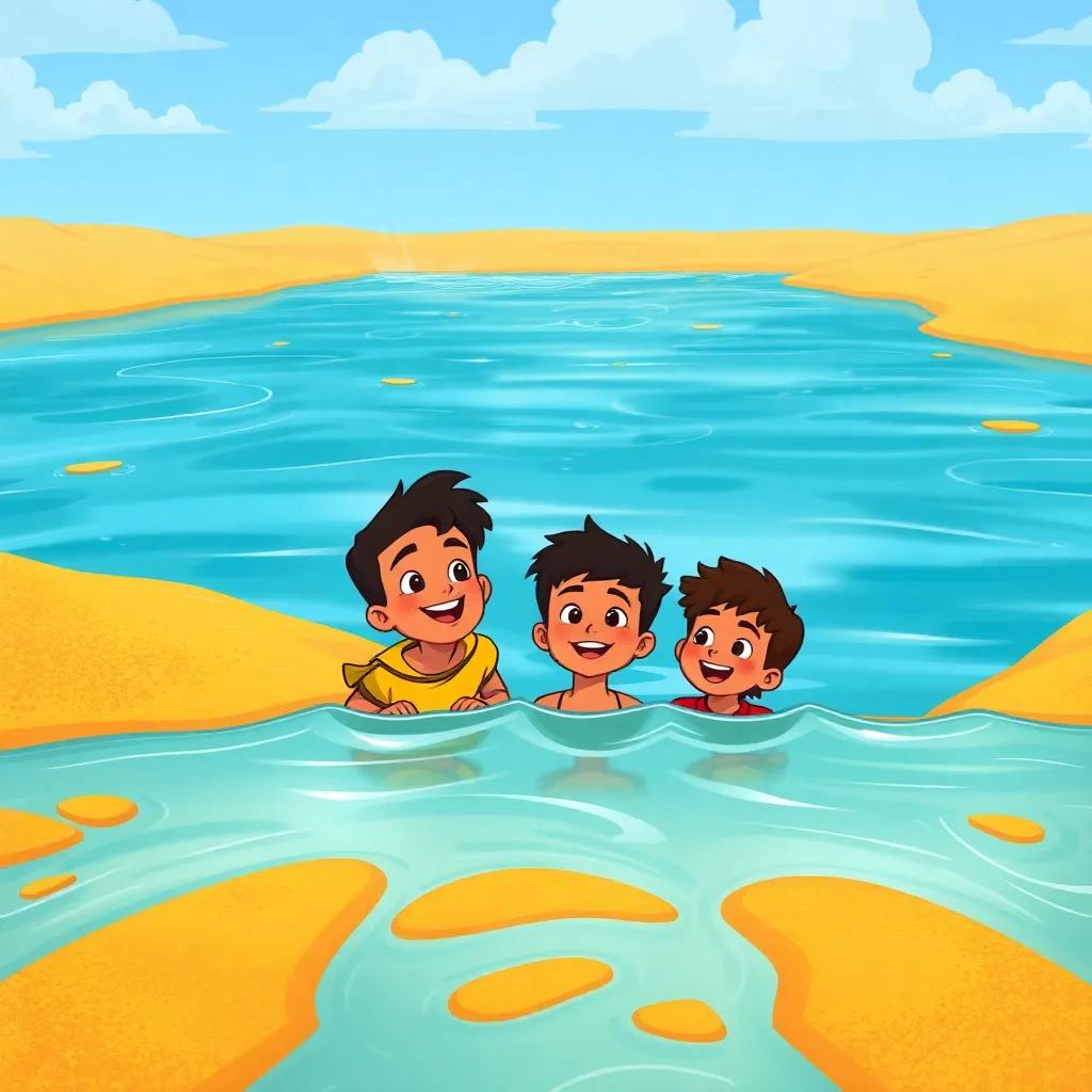 A large river in front of Jamal and his friends with golden sand on the sides, showcasing the challenges they face, with happy faces thinking about how to cross it, illustration, colorful, uplifting