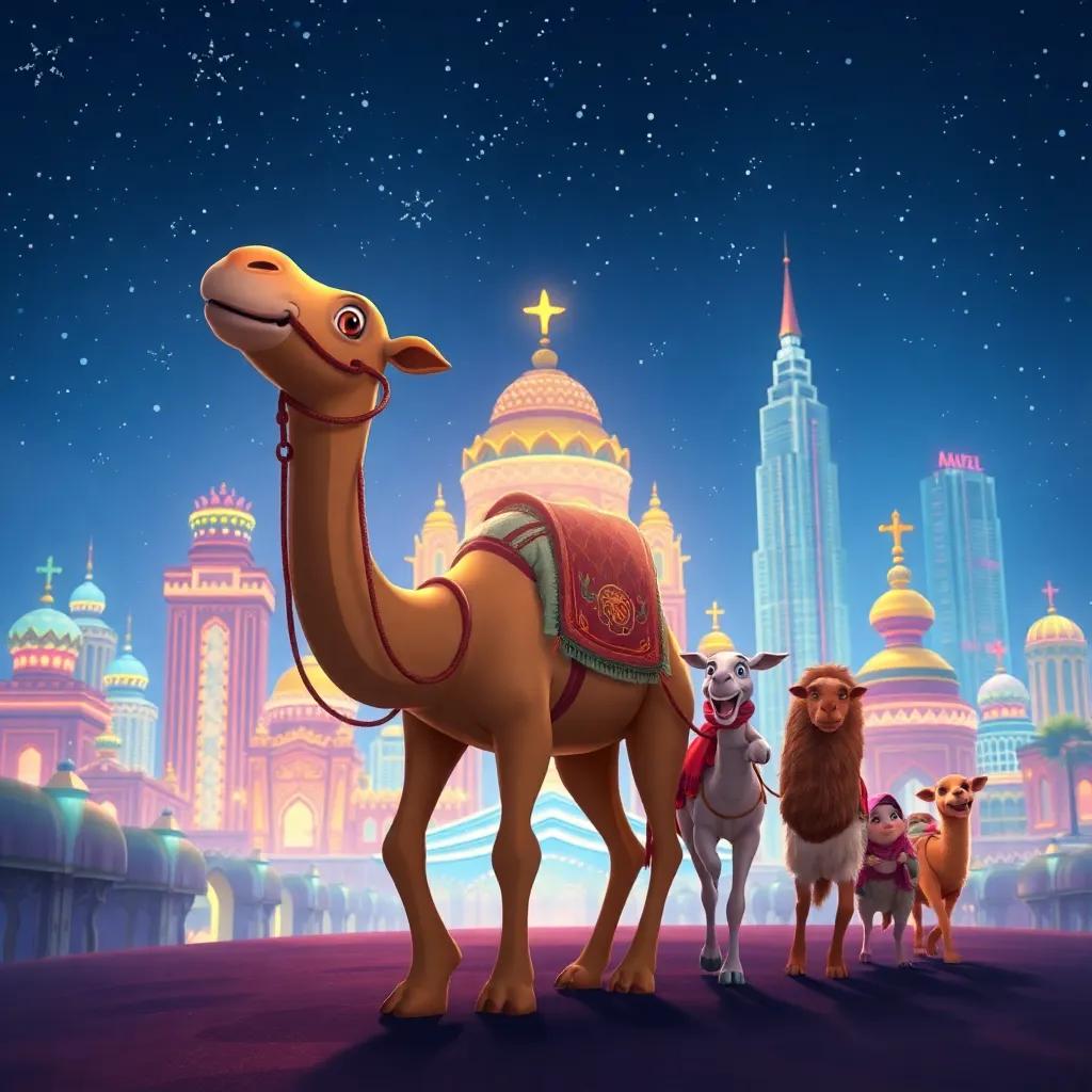 Jamal, a brave camel, joyfully arriving in a magnificent city full of lights and colors with his friends, celebrating their adventure together under a starry sky, digital art, magical, festive atmosphere
