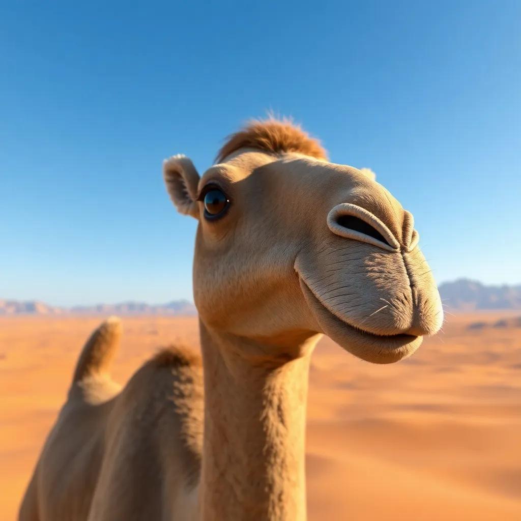 A brave camel named Batal with shiny black eyes and brown fur in the vast desert under a clear blue sky, digital art, warm colors, vast landscape, high quality