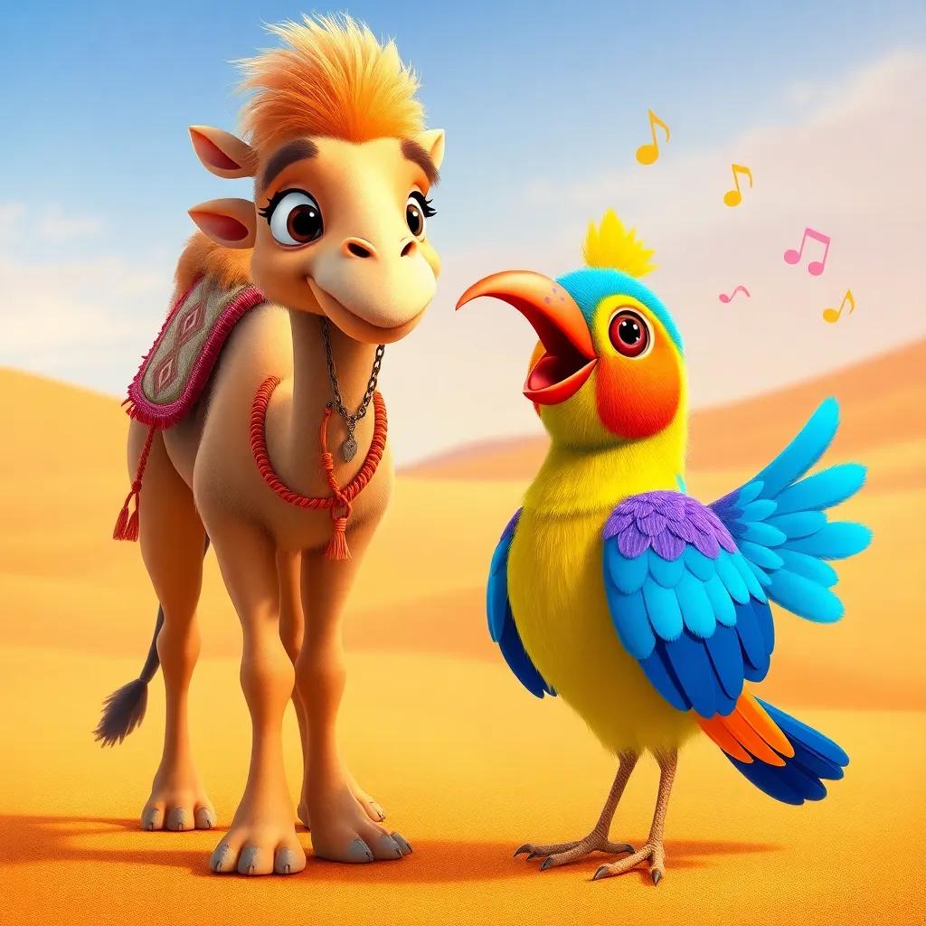 Batal, a brave camel, standing next to a colorful little bird named Farfour, in the desert, with vibrant feathers and musical notes around, cheerful atmosphere, bright colors, detailed illustration