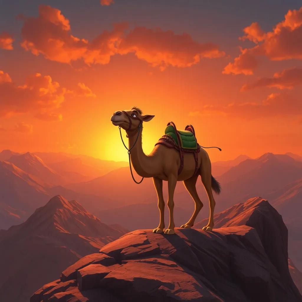 Batal the camel climbing the mountains with determination, under a sunset sky, feeling tired, yet brave, digital art, warm hues, inspiring scene, high quality