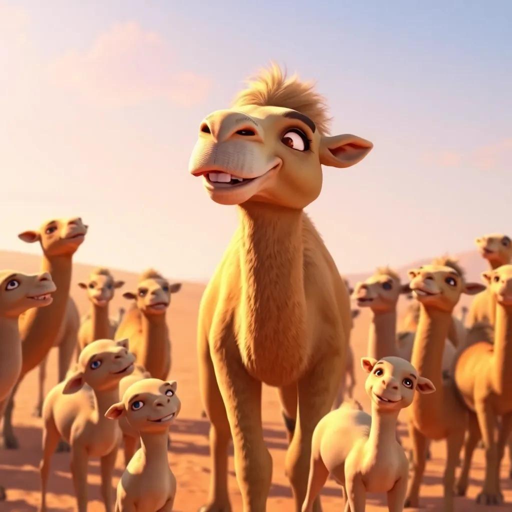 Batal the camel joyfully reuniting with his family in the desert, surrounded by fellow camels, filled with joy and love, vibrant colors, uplifting atmosphere, heartwarming scene