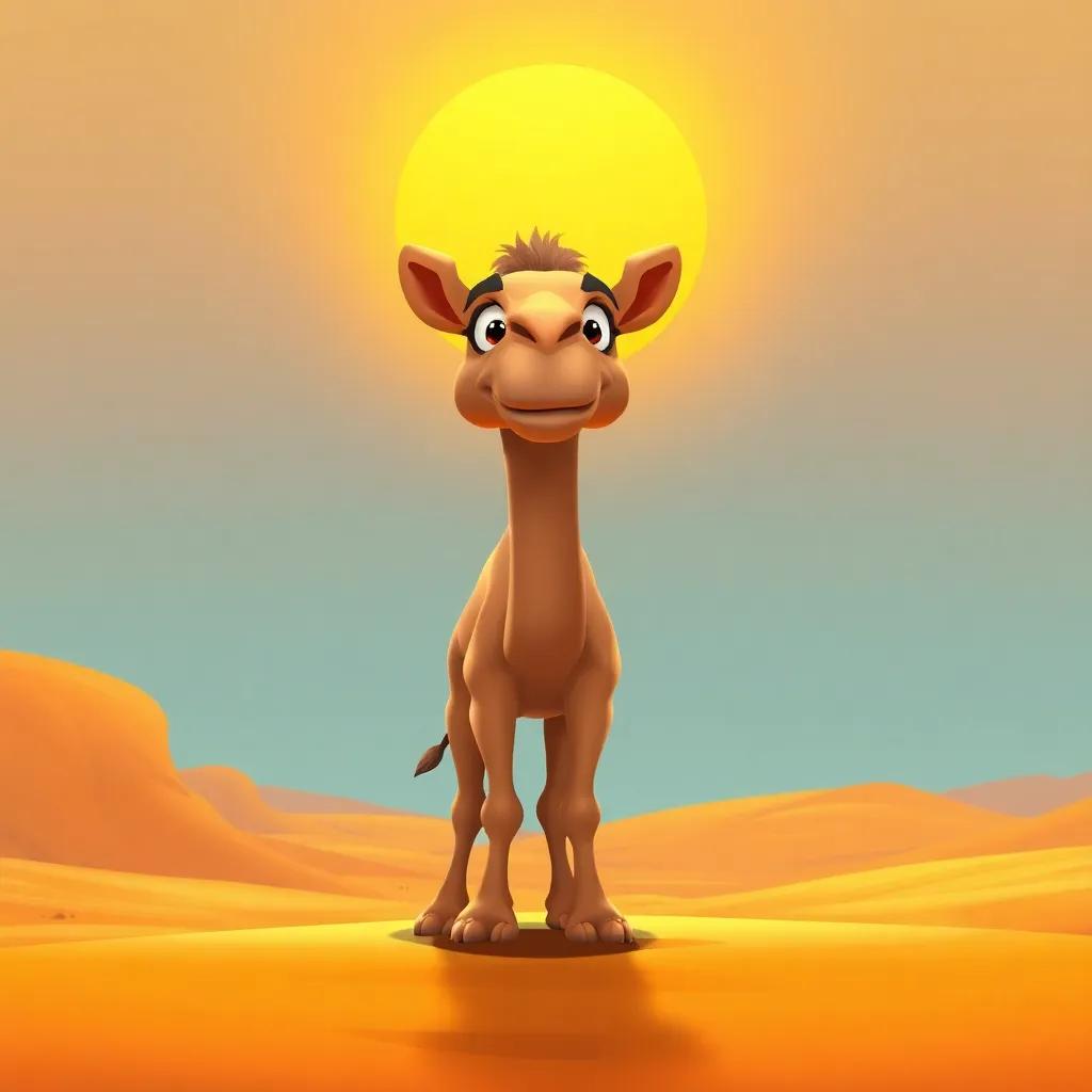 A brave camel named Jimmy, standing tall in a vast desert, with a golden sunset behind him, looking determined, cartoon style, warm colors, adventurous perspective, high quality