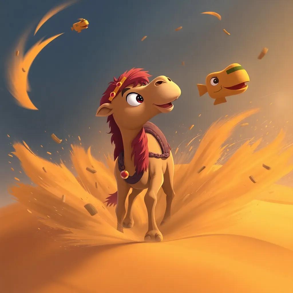 Jimmy, the brave camel, calling out for his family in a swirling sandstorm, with winds blowing the sand around him, cartoon art, dramatic colors, action-packed, high quality