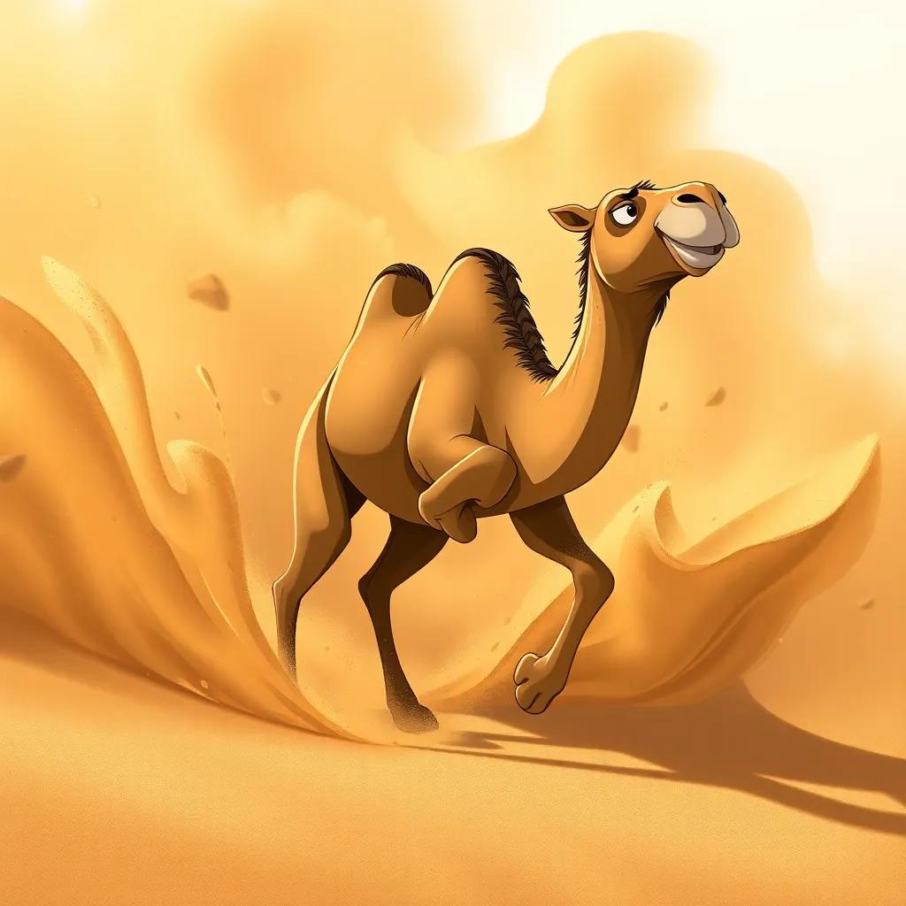 A determined camel, Jimmy, moving through a fierce sandstorm, shaped like waves of sand, with his strong legs pushing forward, illustration, strong contrast, heroic perspective, high quality
