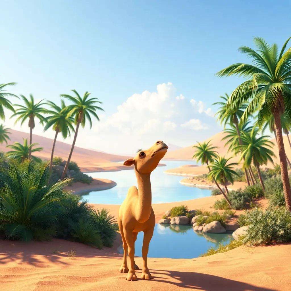 A beautiful oasis in the desert with palm trees and a serene water body, in the distance, Jimmy, the camel, rejoicing to see his family, colorful, joyful atmosphere, heartwarming view, high quality
