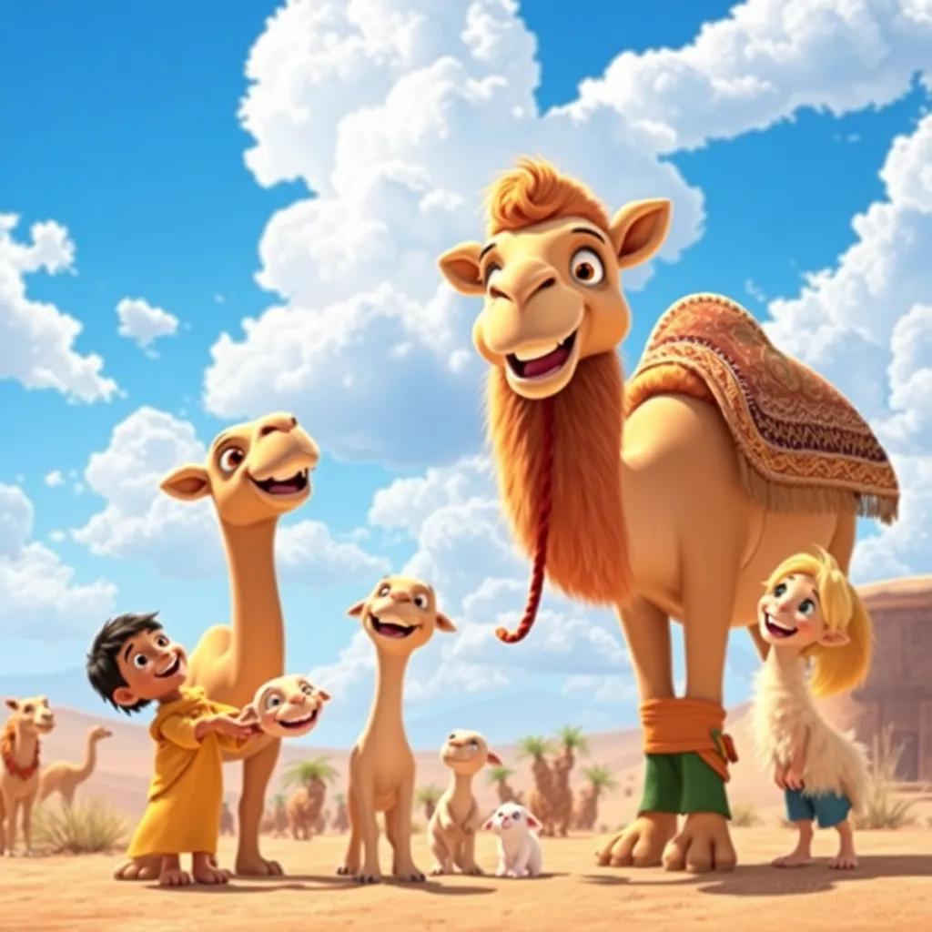 Jimmy, the camel, reuniting with his family in the oasis, surrounded by happiness and laughs, under a bright blue sky filled with fluffy clouds, cheerful, bright colors, heartwarming scene, high quality