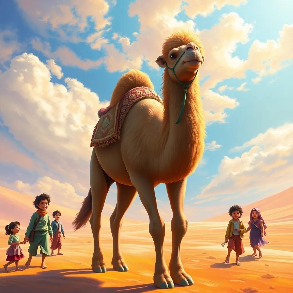 A great camel named Jammoul with a friendly smile, walking through a bright desert with children gathered around, colorful sky, cheerful atmosphere, digital art, vibrant colors, engaging scene, high quality