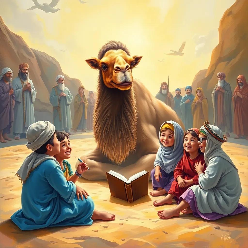 A wise camel Jammoul telling stories to a group of happy kids, sitting on the sand, with illustrations of prophets in the background, bright and colorful, joyful setting, detailed art, high quality