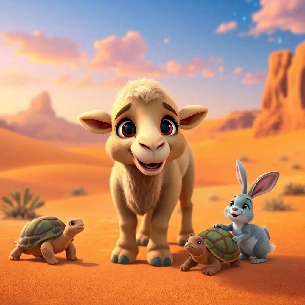 A brave camel, Jumal, with soft fur and big eyes, surrounded by a turtle and a rabbit, playing happily in a beautiful desert, digital art, warm colors, cheerful atmosphere, high quality