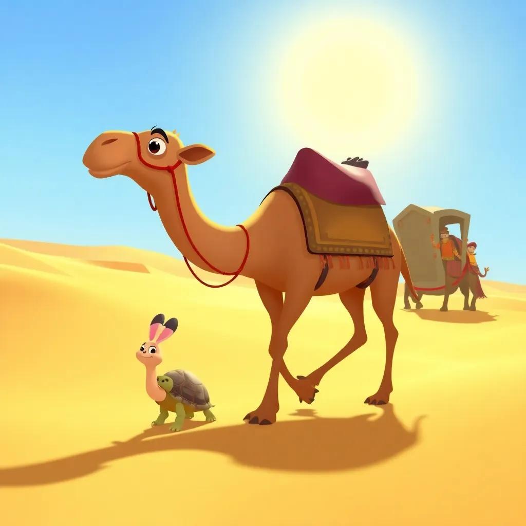 A brave camel, Jumal, leading his friends, a turtle and a rabbit, across a bright sandy desert with a caravan, sunlight shining, colorful scene, adventure theme, child-friendly