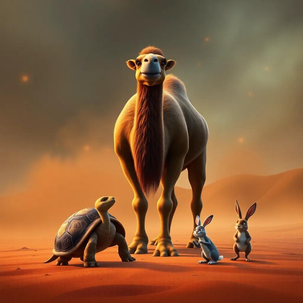 A brave camel, Jumal, standing strong in front of a sandstorm with his friends, a turtle and a rabbit, trying to find shelter, dramatic scene, warm lighting, action-oriented, high quality