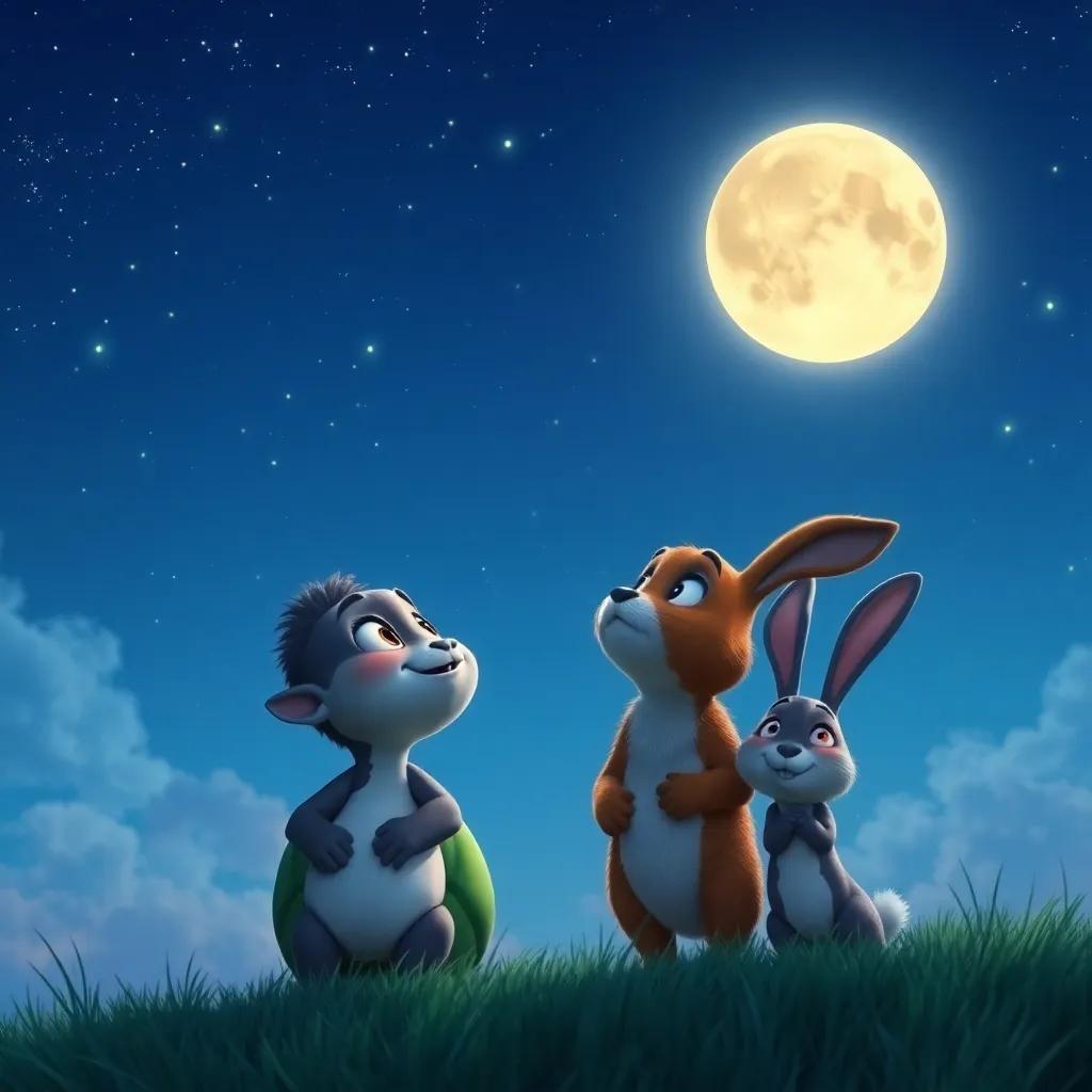 A beautiful night sky with a full moon, showing Jumal and his friends, a turtle and a rabbit, looking at the stars, amazed expressions, peaceful atmosphere, vibrant colors, heartwarming