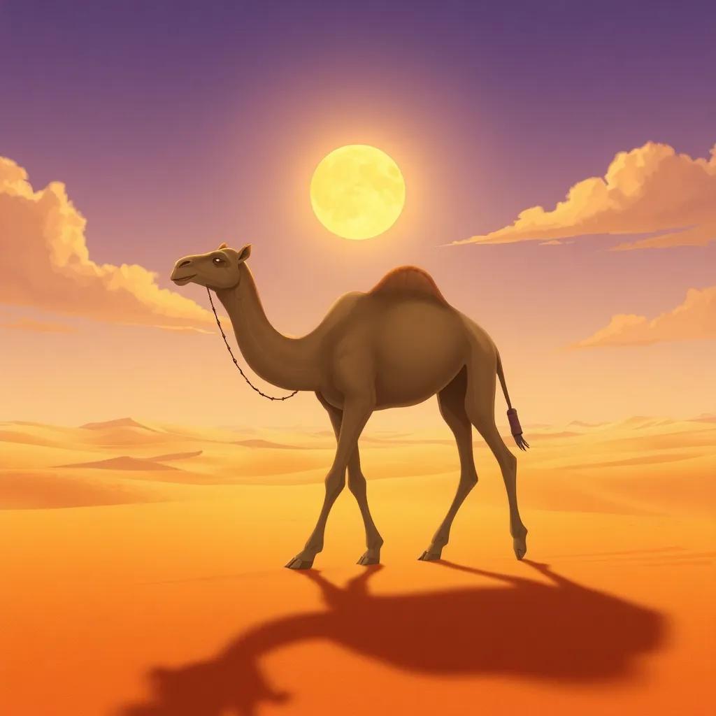 A tired camel walking slowly in a vast, hot desert with sand stretching endlessly under a blazing sun, detailed illustration, warm colors, arid atmosphere, high quality
