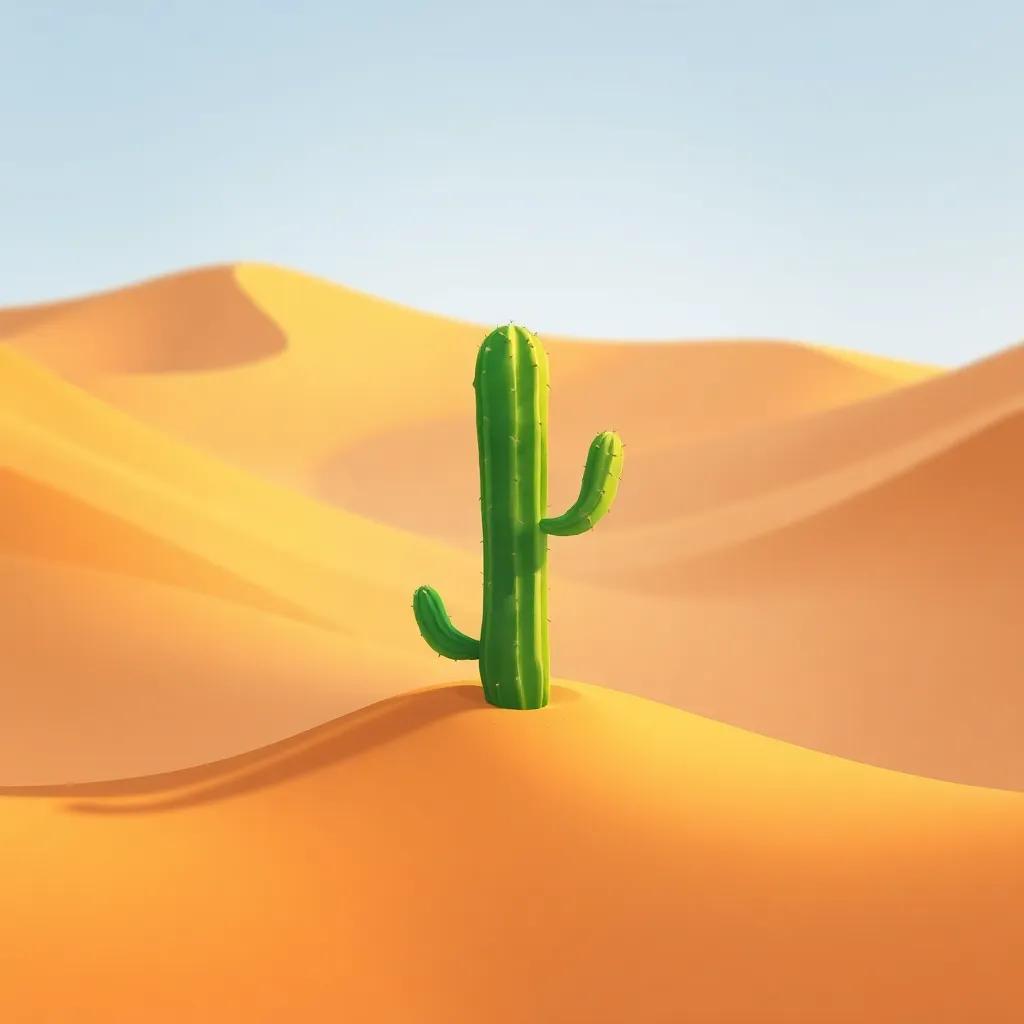 A small cactus standing proudly amidst the vast sand, its green color contrasting with the golden dunes, in a dry and harsh environment, child-friendly, vibrant illustration
