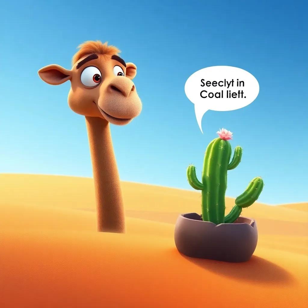 The camel looking surprised at the small cactus, which is speaking with a calm voice, surrounded by golden sand and a clear blue sky, engaging scene, colorful art