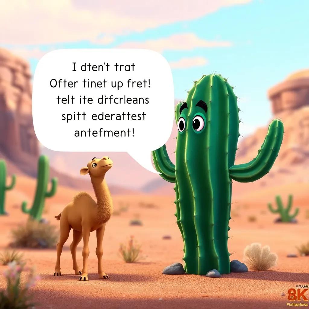 The cactus explaining its strength and resilience, with the desert backdrop, the camel listening attentively, imaginative scene, bright and cheerful
