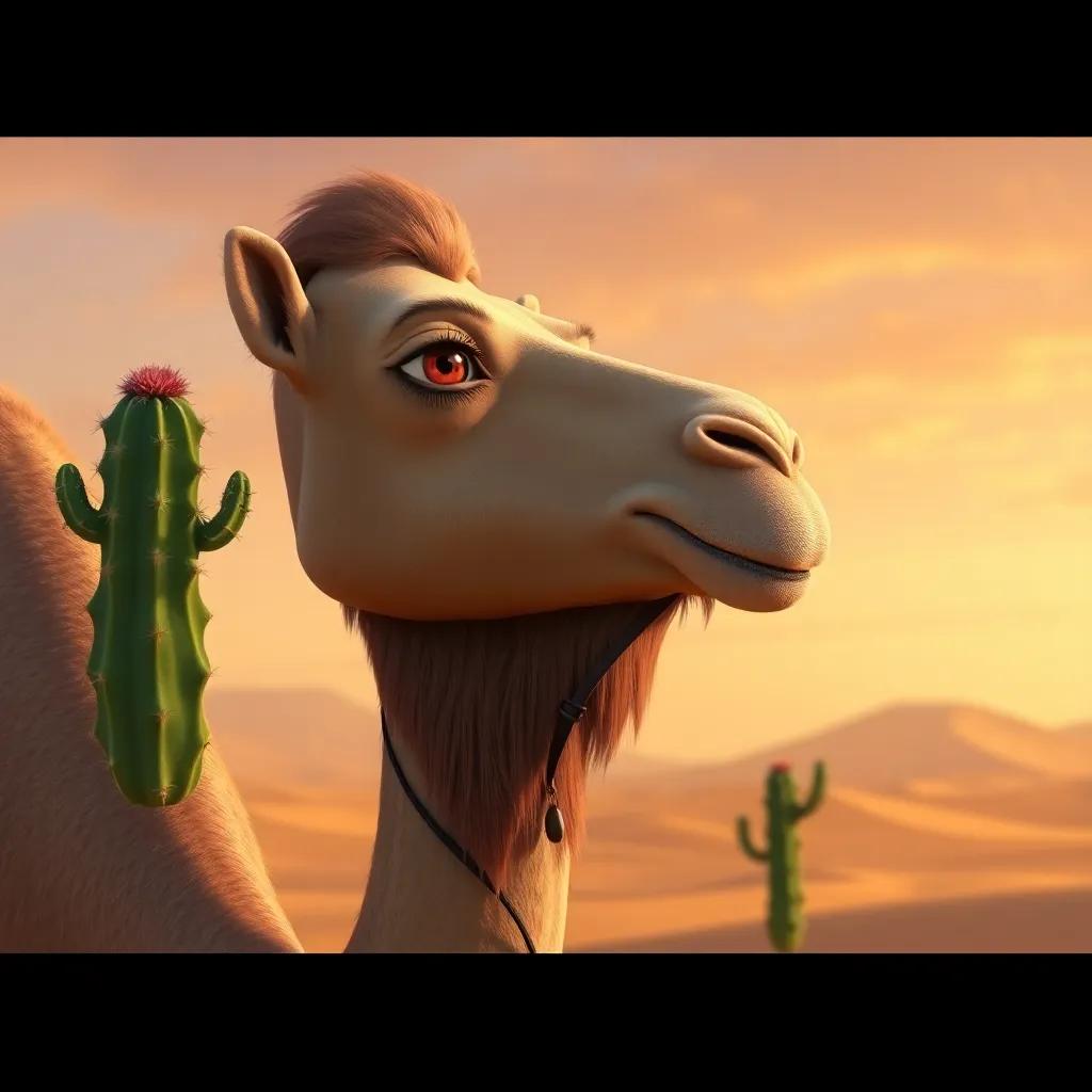 The camel contemplating the cactus’s wisdom, a thoughtful expression on its face, with distant sand dunes in the background, artistic style, warm hues