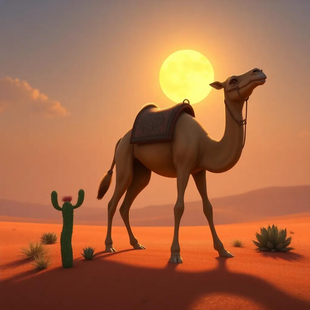 The camel resuming its journey, with a newfound sense of wisdom, the small cactus waving goodbye, under the glowing sun, heartwarming perspective