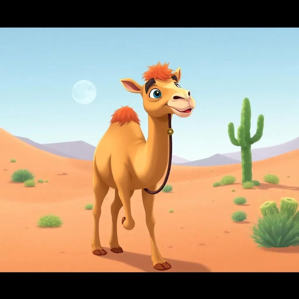 The camel feeling thirsty again, but walking confidently, while spotting another cactus in the distance, illustrated with bright colors and an uplifting mood