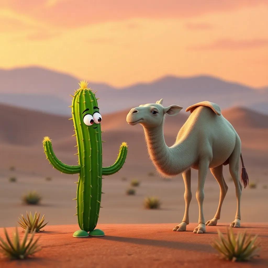 The new cactus greeting the camel with kindness, situated in a desert landscape, warmth and friendship emanating from the art, inviting scene