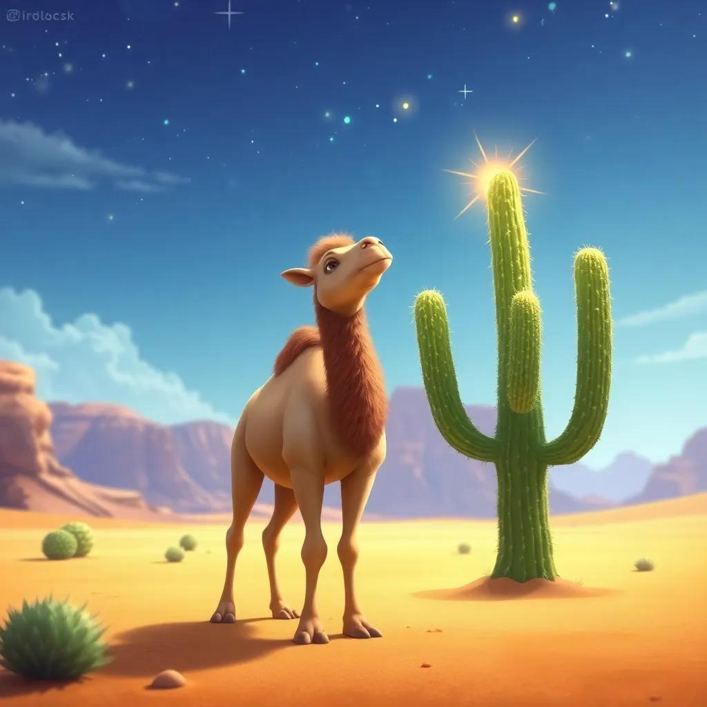 The camel expressing gratitude to the cactus, standing tall and proud, both surrounded by a magical desert charm, vivid imagery