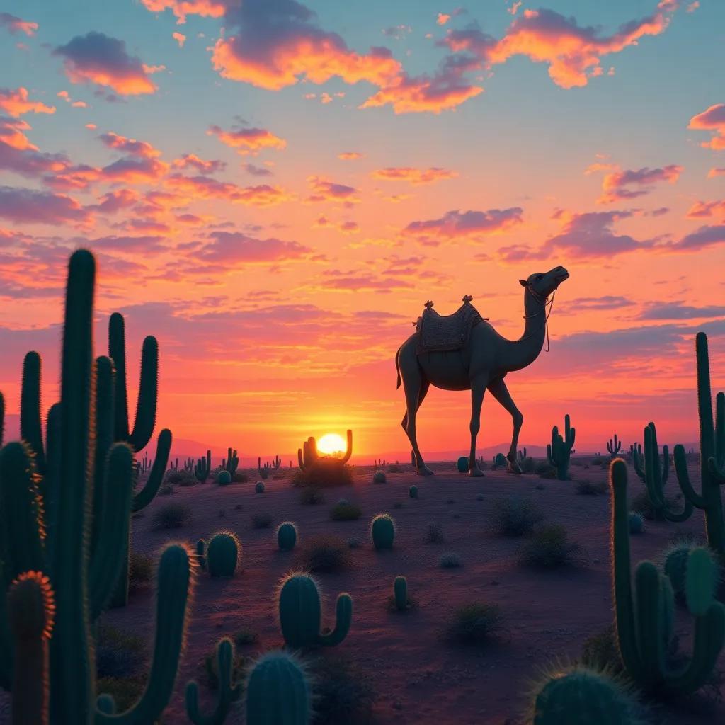 The camel discovering the beauty of the desert with all its cacti, vibrant colors showcasing a beautiful sunset, a sense of wonder and exploration