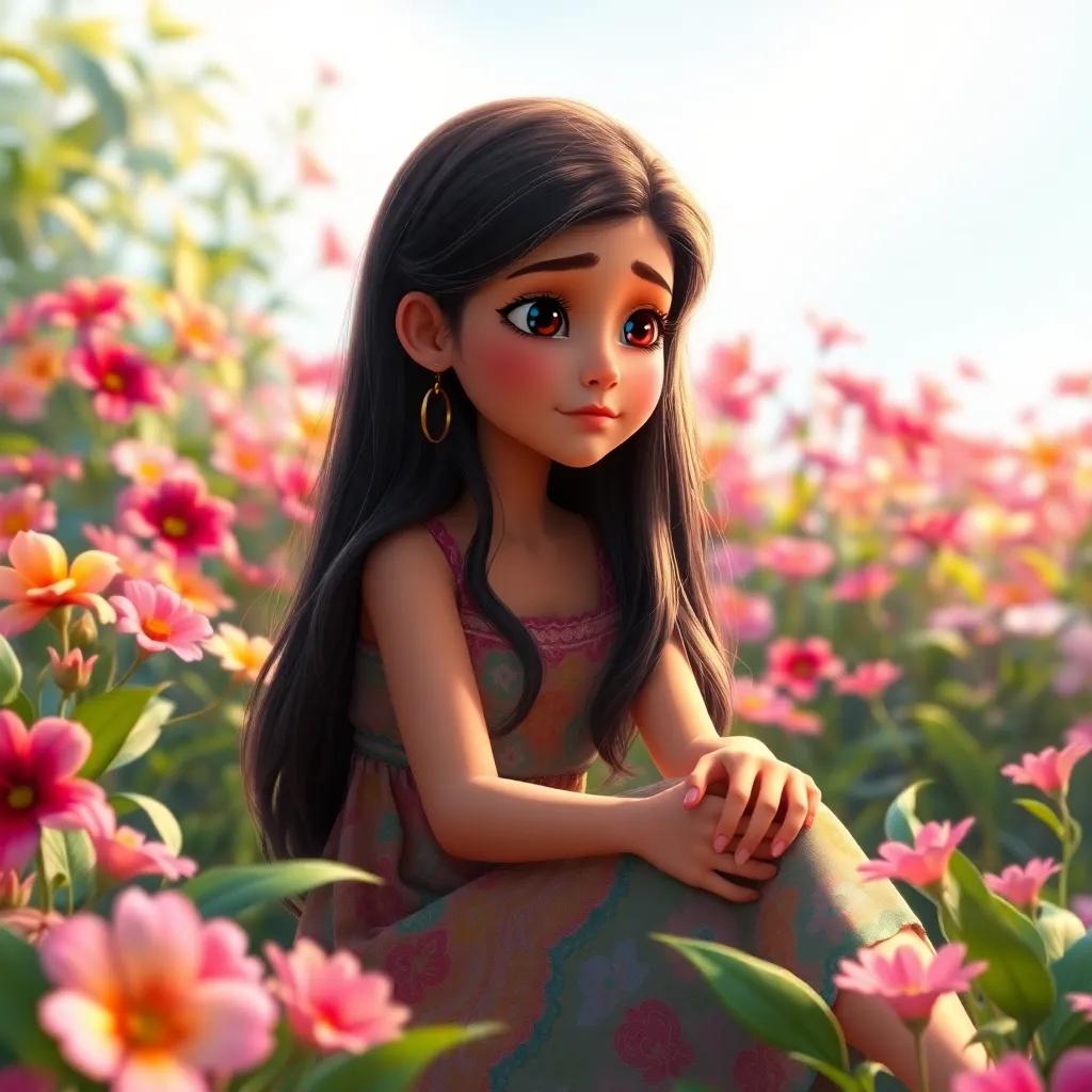 A beautiful girl, Layla, with long, dark hair, wearing a colorful dress, sitting in a flower garden with vibrant blooms, looking a bit sad, digital art, soft colors, gentle light, inviting atmosphere, high quality