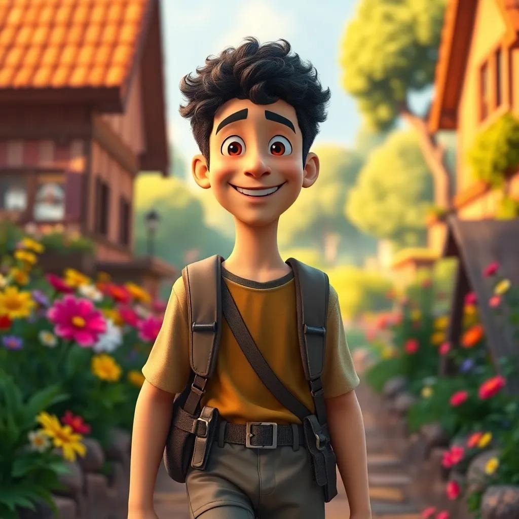 A brave adventurer, Rami, with short, curly hair and wearing a hiking outfit, smiling as he walks into the village, colorful backdrop of flowers and trees, cheerful, vibrant scene, warm lighting, engaging perspective, high quality