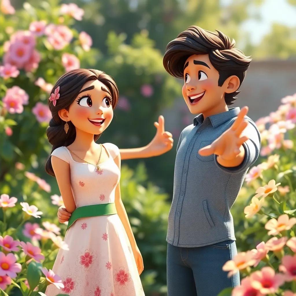 Layla and Rami spot each other in the garden, with Layla looking surprised and happy, Rami extending his hand invitingly, surrounded by blooming flowers, joyful atmosphere, bright sunlight, heartwarming, high quality