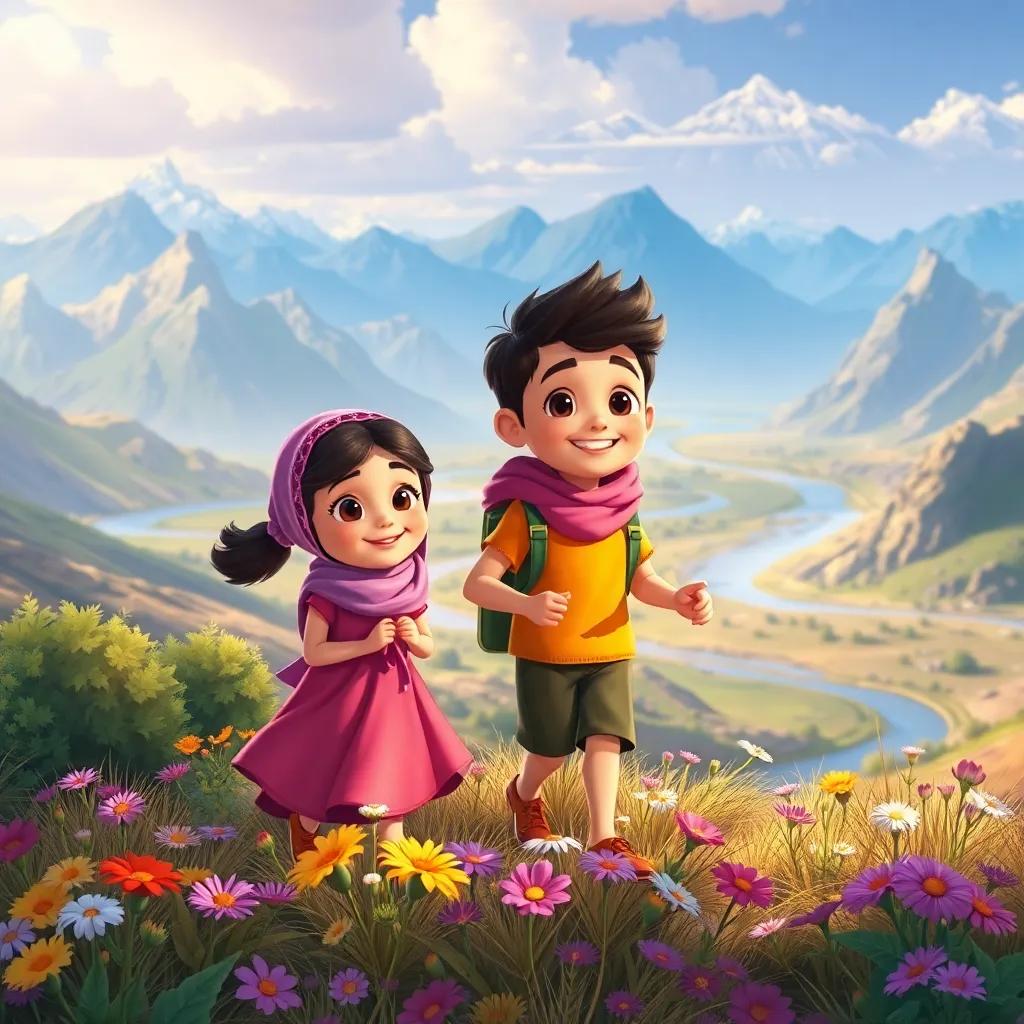 Layla and Rami exploring a beautiful landscape, collecting flowers and enjoying nature, mountains and rivers in the background, fun and adventurous mood, colorful, warm lighting, child-friendly illustration, high quality
