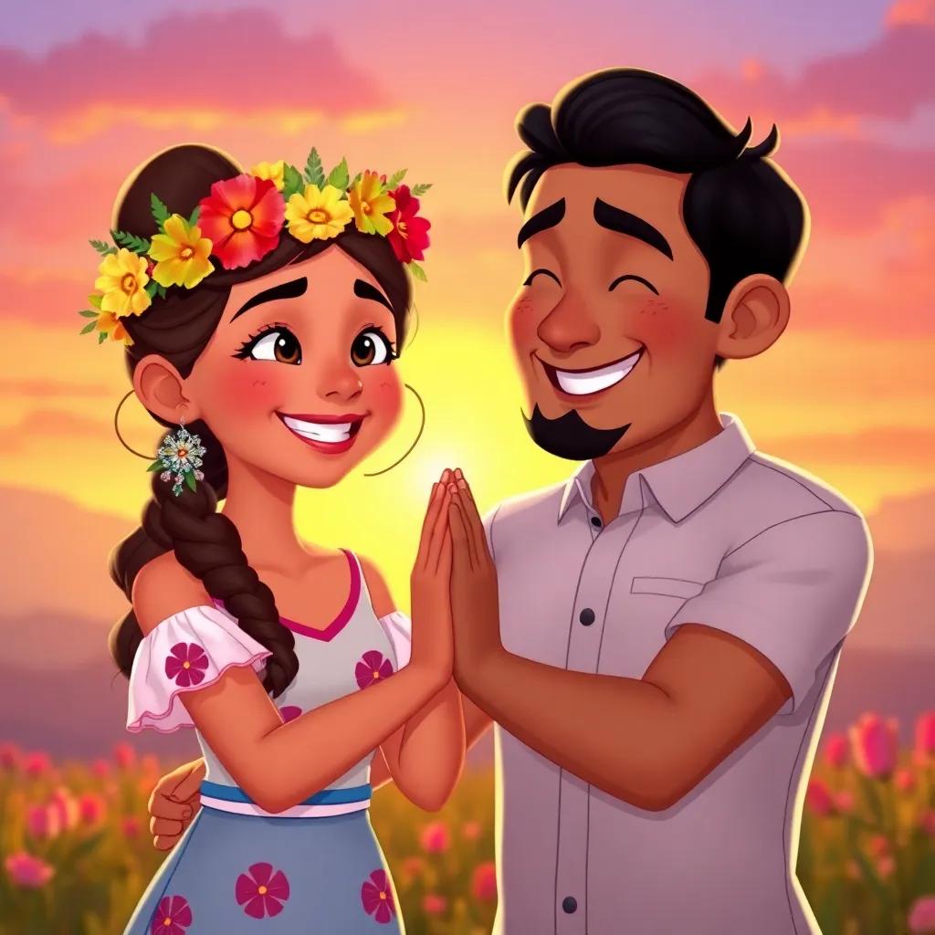 Layla, wearing a flower crown, happily thanking Rami, both smiling in front of a sunset background, symbolizing friendship and hope, vibrant colors, heartwarming scene, uplifting atmosphere, high quality