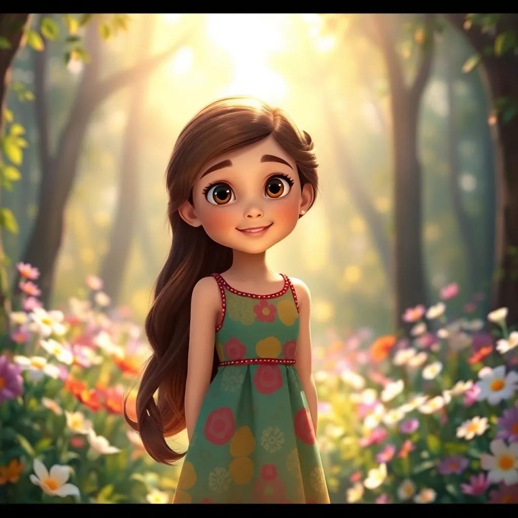 A beautiful young girl named Layla, with long brown hair wearing a colorful dress, standing in a sunlit forest filled with flowers, cheerful atmosphere, detailed digital art
