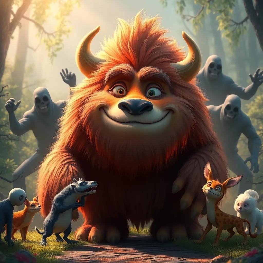 A large, friendly beast with fluffy fur and gentle eyes, surrounded by shadowy ghostly figures trying to capture woodland creatures, vibrant colors, thrilling scene
