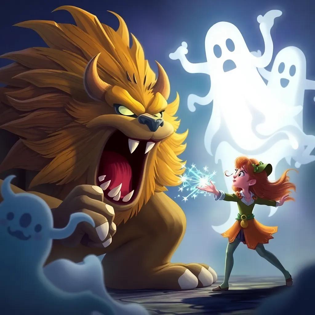 Layla using her magical words while the beast roars fiercely at the ghosts to scare them away, dynamic movement, engaging art style, colorful