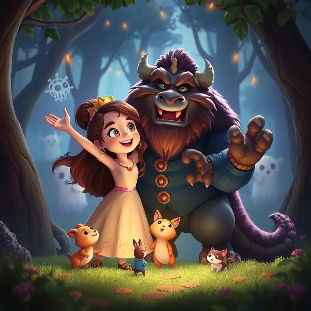 Layla and the beast celebrating their victory over the ghosts in the forest, with small woodland creatures surrounding them, joyful and warm scene