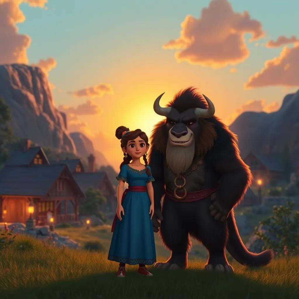 Layla and the beast standing together in front of their village, the sunset casting a golden glow, symbolizing their friendship and bravery, inspiring view