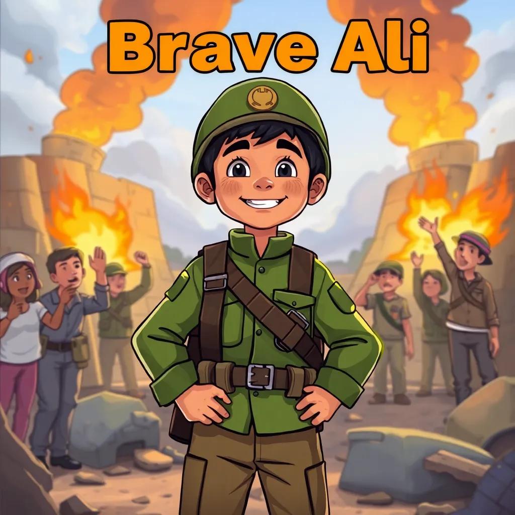 A brave soldier named Ali, dressed in a green military uniform, standing confidently with a bright smile in a war-torn landscape, surrounded by friends cheering him on, digital art, vibrant colors, hopeful atmosphere, high quality