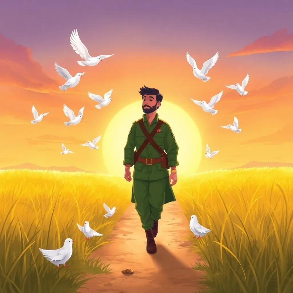 Ali, the brave soldier wearing a green military uniform, walking through a field with doves flying around him, symbolizing peace, with a beautiful sunset in the background, illustration, warm colors, uplifting imagery, high quality