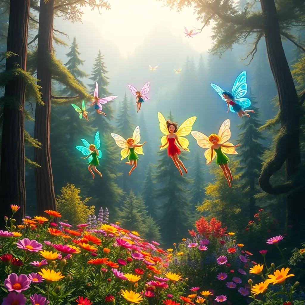 A group of fairies shining in rainbow colors flying joyfully over a vibrant, ancient forest with tall trees and colorful flowers, digital art, bright colors, enchanted atmosphere, high quality