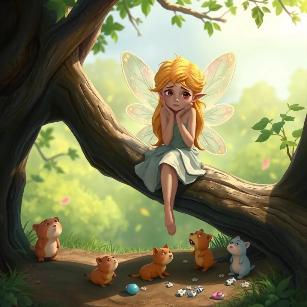 A fairy sitting on a tree branch, looking sad with litter scattered around and small animals looking worried, detailed art, soft colors, emotional scene, high quality