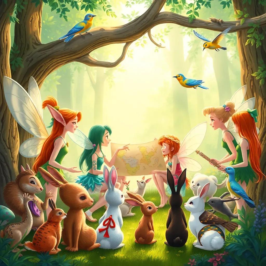 The fairies gathered with various animals like rabbits and birds, discussing and pointing to maps, brainstorming ideas on how to save the forest, colorful illustration, cheerful light, teamwork focus, high quality