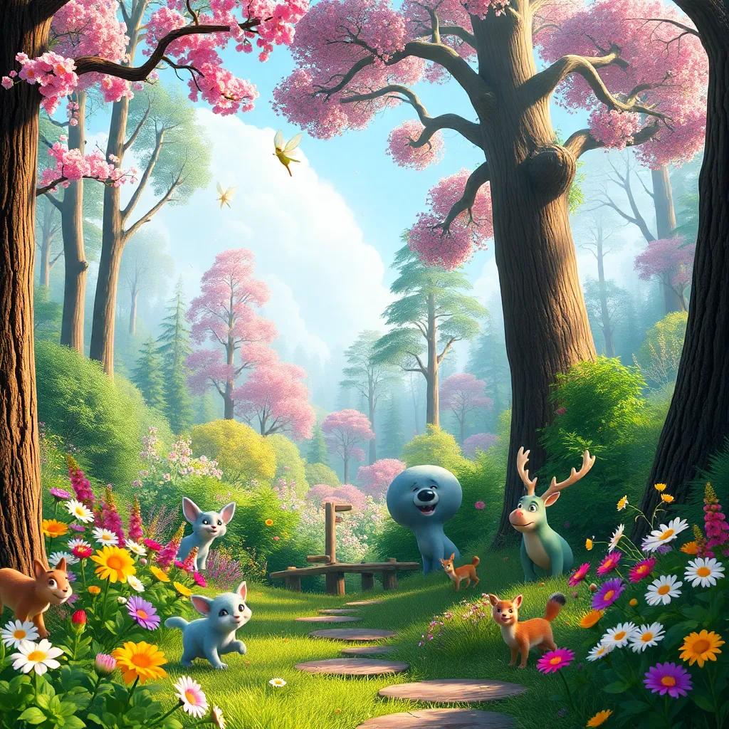 A beautiful restored forest filled with tall trees, blooming flowers, and happy animals playing together, with fairies flying above celebrating, vibrant colors, joyful atmosphere, high quality
