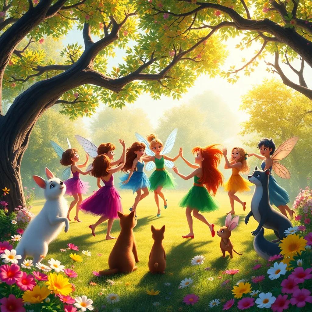 A circle of fairies and animals dancing together in a bright, sunny glade, surrounded by trees and flowers, celebrating their love for the environment, colorful digital art, joyful, uplifting mood, high quality