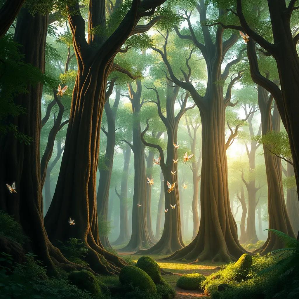 A serene ancient forest with tall trees and green foliage, a group of fairies flying above the forest floor, digital art, vibrant colors, magical atmosphere, high quality