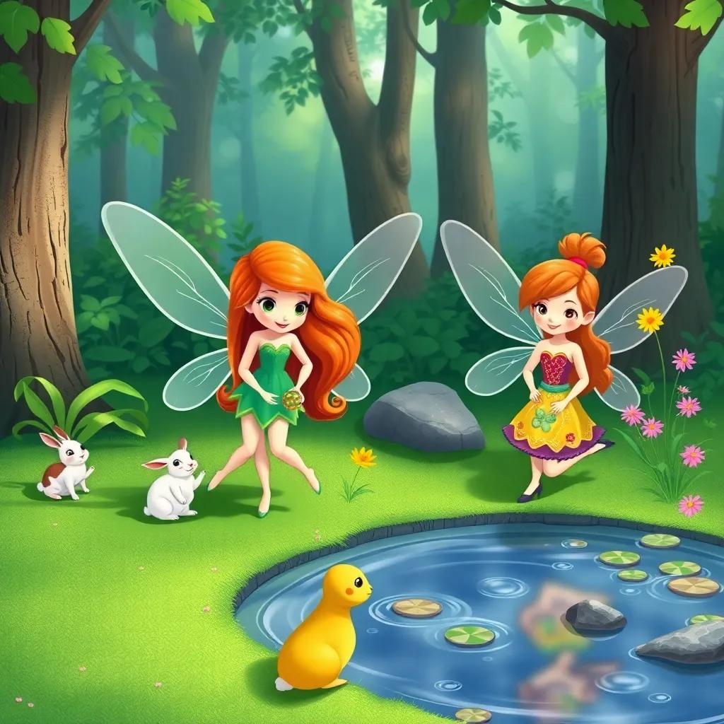Two fairies helping animals in the forest: one fairy with long shiny hair helping rabbits find food, the other fairy wearing a colorful dress beautifying a pond, whimsical illustration, cheerful, child-friendly