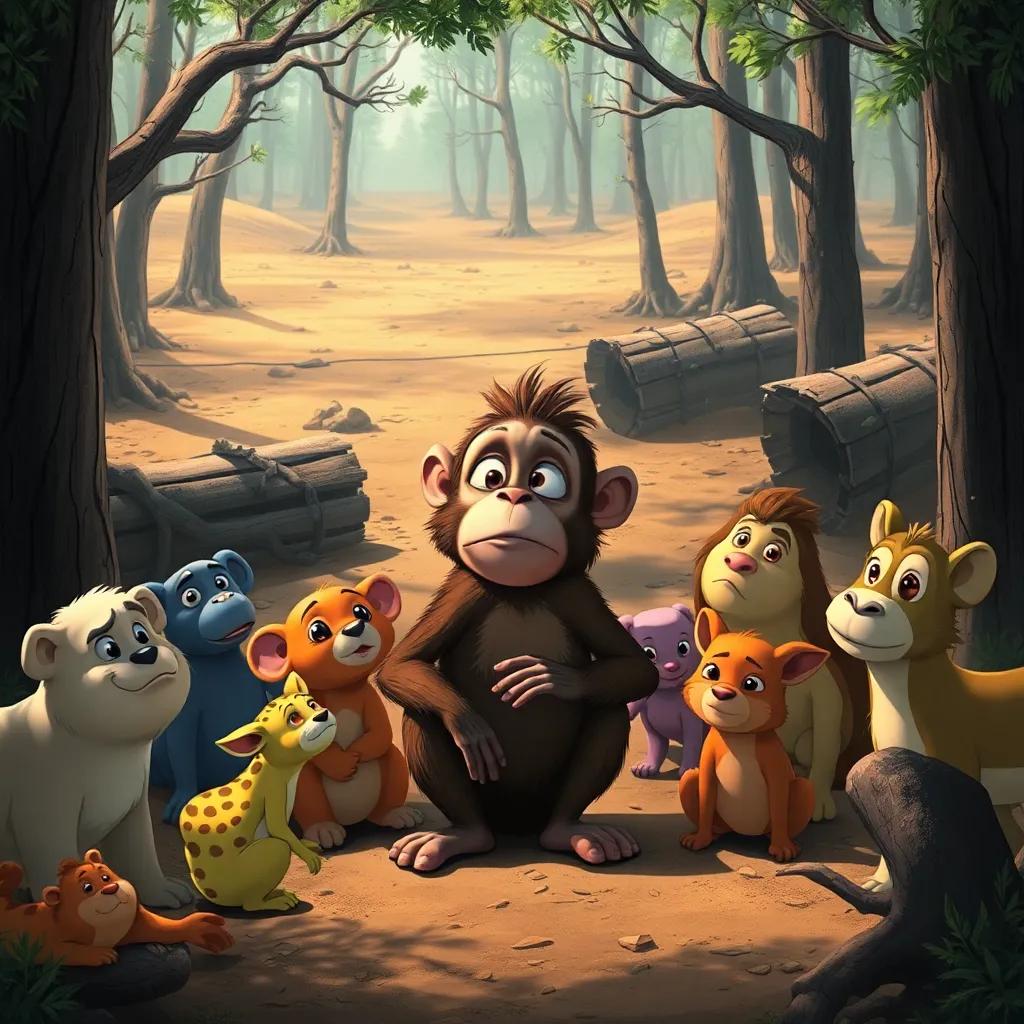 A worried monkey gathering all the forest animals together, with fallen trees and dry land in the background, illustration, dramatic light, engaging scene, high quality