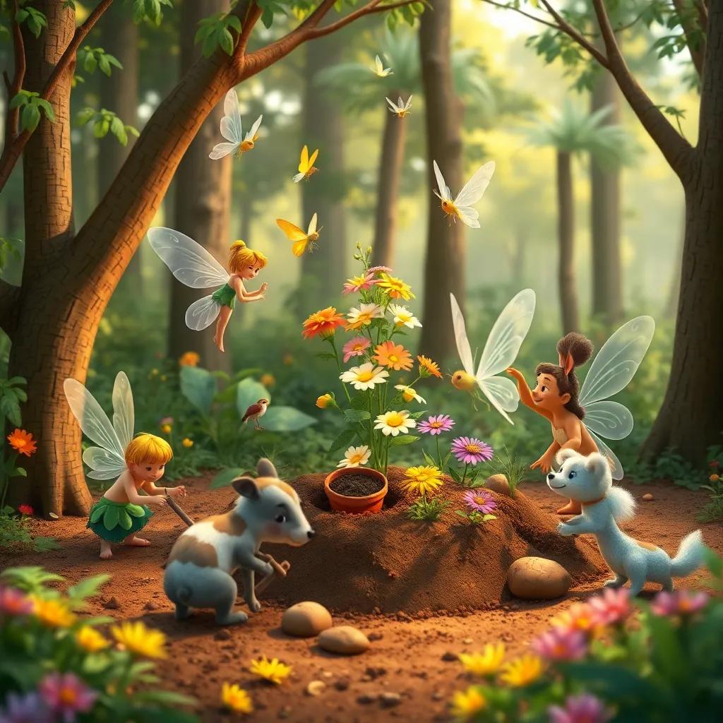 Fairies and animals planting trees together in the forest, fairies flying around colorful flowers while animals dig in the soil, collaborative atmosphere, warm colors, joyful scene, high quality