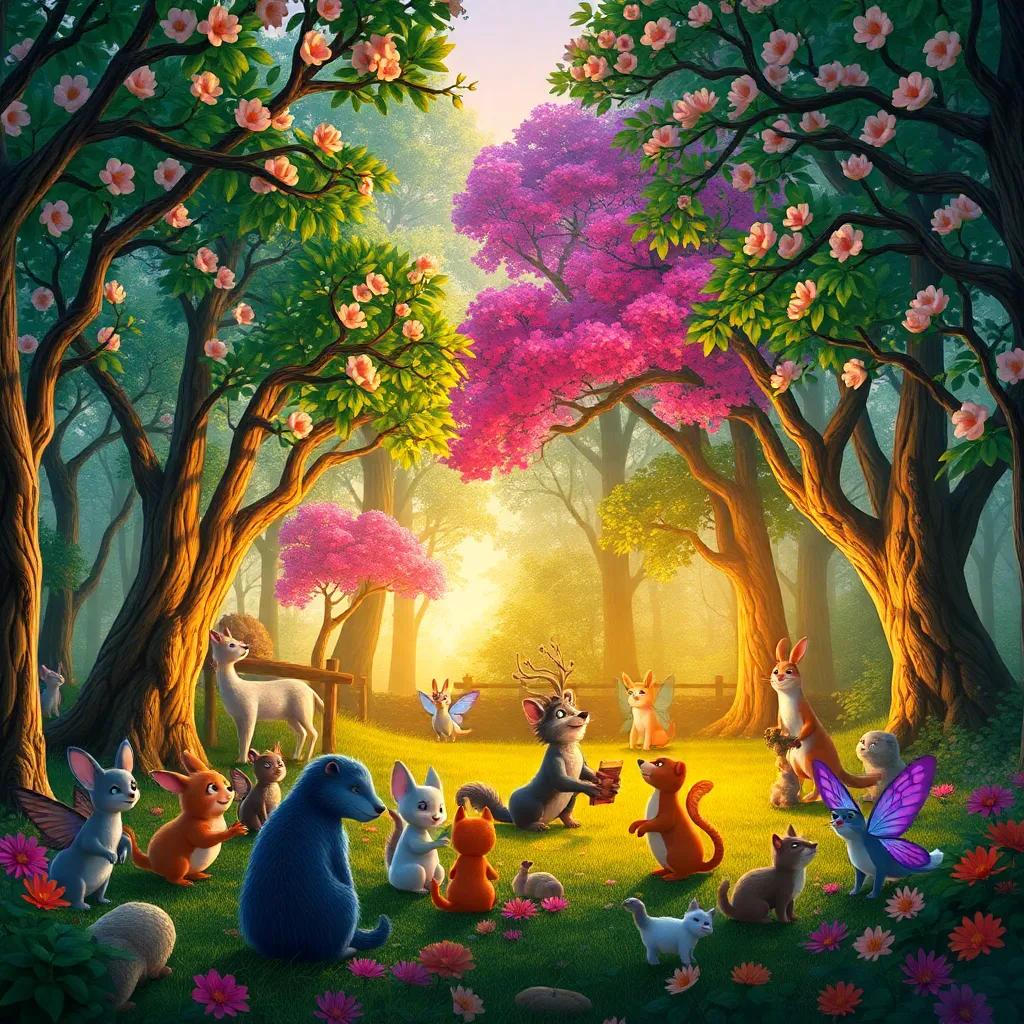 A lush and vibrant forest filled with animals and fairies celebrating, colorful trees with new blossoms, animals telling stories, warm sunset light, heartwarming, enchanting scenery, high quality