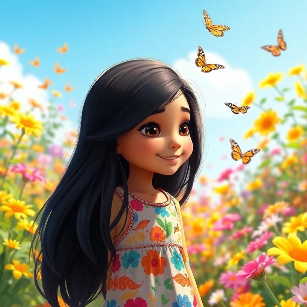 A young Arab girl, Lina, with long black hair, wearing a colorful dress, playing in a sunny garden filled with vibrant flowers and butterflies, digital art, cheerful mood, bright colors, warm light, high quality